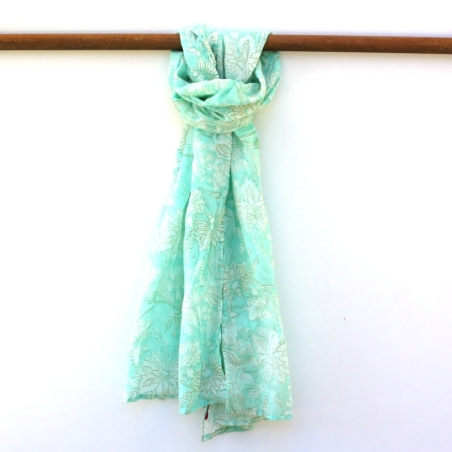 Foulard Imprimé Bleu Glacier A Fleurs Blanches