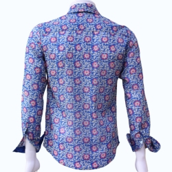 Chemise Homme Bleu Outremer Et Fleurs Roses