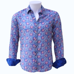 Chemise Homme Bleu Outremer Et Fleurs Roses
