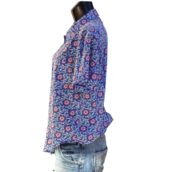 Chemise Femme Manches Courtes Bleu Outremer Et Fleurs Roses