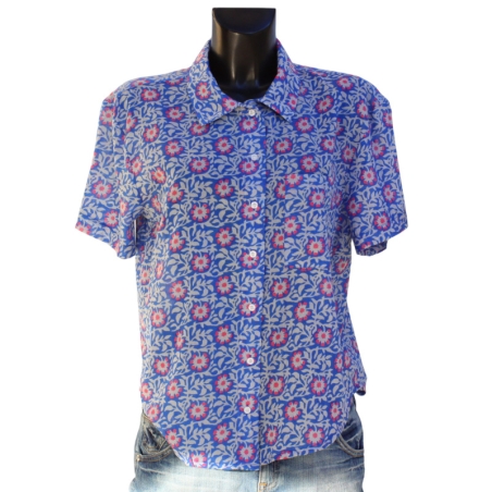 Chemise Femme Manches Courtes Bleu Outremer Et Fleurs Roses