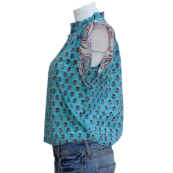 Top Femme Manches Volantées Fleurs Bleues Et Rouges