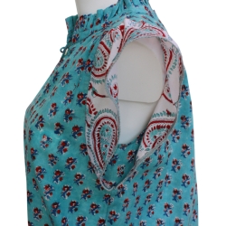 Top Femme Manches Volantées Fleurs Bleues Et Rouges