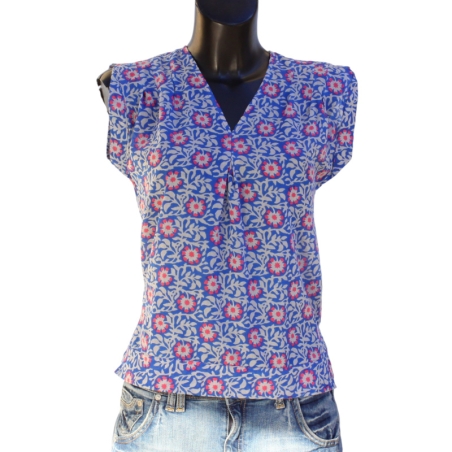 Top Femme Bleu Outremer Et Fleurs Roses