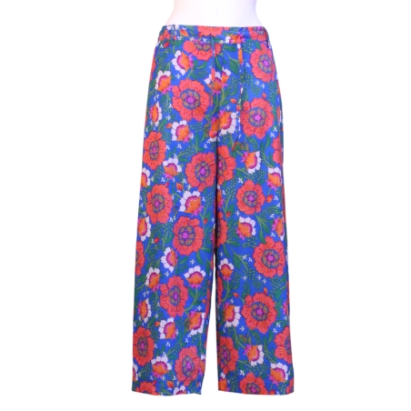 Pantalon Large Femme Imprimé Bleu et fleurs rouges
