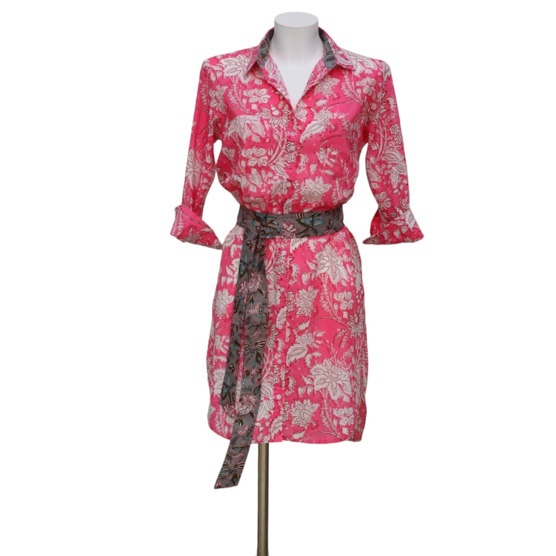 Robe Chemise Imprimé rose fleurs blanches