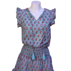 Robe Courte Motif Vert de Gris Et Rose