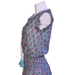 Robe Courte Motif Vert de Gris Et Rose