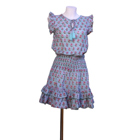 Robe Courte Motif Vert de Gris Et Rose